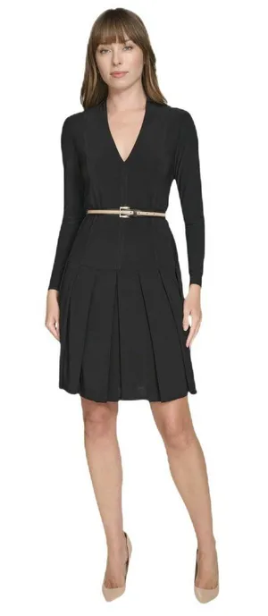 NWT Tommy Hilfiger Pleated V Neck Fit Flare Long Sleeved Knit Midi Dress Black 4 thumbnail 1