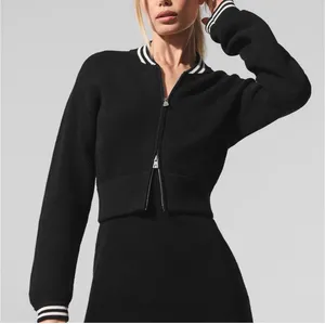 Alo Yoga Tennis Club Sweater Knit Full Zip Jacket Black/Ivory M thumbnail 1
