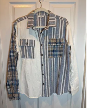Easel Mixed Media Patchwork Plaid Striped Star Button Down Shirt Blue Size Small thumbnail 1