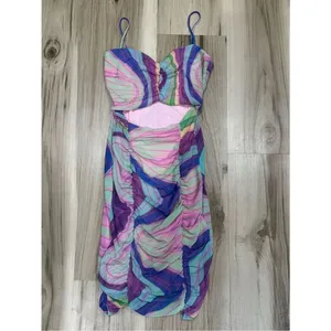 Black Bead Ruched Cut Out Swirl Print Dress Rainbow Women’s Small thumbnail 2