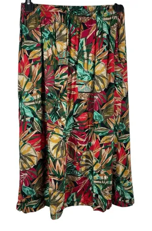 Sag Harbor Red Tropical Floral Pleated Elastic Waist Midi Skirt M 90s Office thumbnail 1