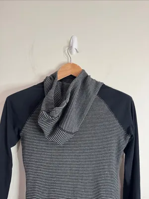 Columbia Black & Gray Striped Hooded High Neck Drawstring Rib Longsleeve Top S thumbnail 4