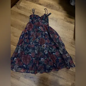 Lulus Cherished Aura Navy Blue Floral Organza Bustier Midi Dress thumbnail 3