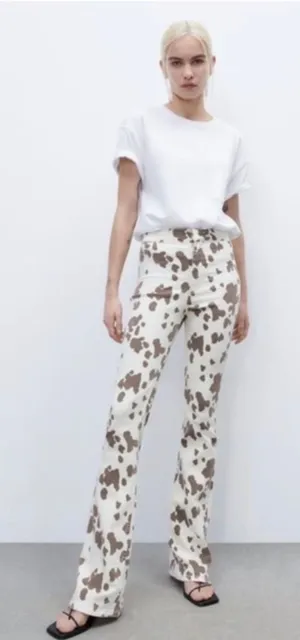 Zara Cow‎ Print High Waisted Flared Pants Brown Cream Womens Size 6 thumbnail 1