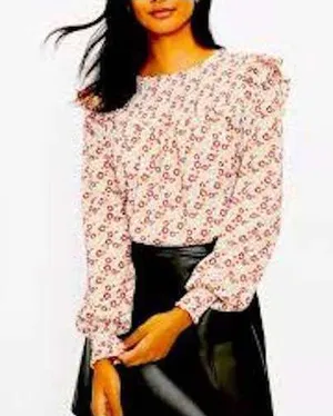 Loft EUC Women's Red Yellow Floral Smocked Ruffle Shoulder Knit Blouse Size L thumbnail 1