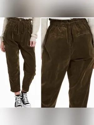 Free People‎ Corduroy Paperbag Pants Dark Olive Pleated Size small thumbnail 2
