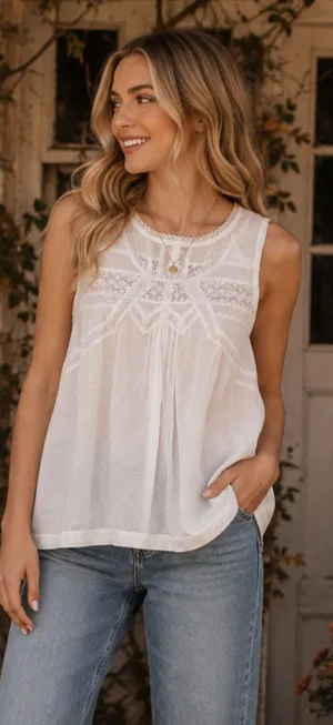 NWT‎ Abercrombie & Fitch Ivory Lace Embroidered Sleeveless Tank Top S Boho thumbnail 1