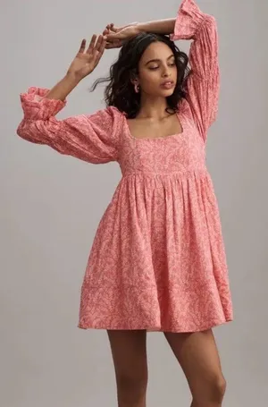 Anthropologie Pilcro Square Neck Babydoll Mini Dress in Pink Floral thumbnail 1