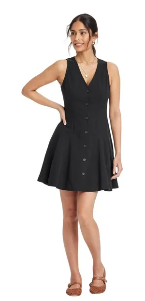 Universal Thread Black Sleeveless Button Front Mini Fit & Flare Dress XL Pockets thumbnail 1