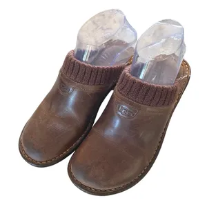 UGG 3085 Wedge Clogs Women 6 Brown Leather Knit Collar Gorpcore Sheepskin Mules thumbnail 1
