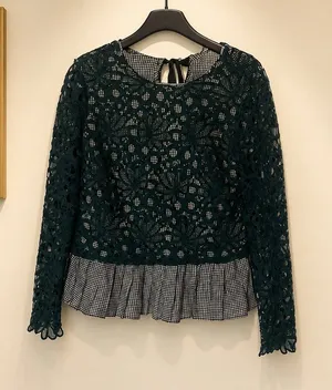 Maeve Anthropologie Gabriella Green Lace and Gingham Peplum Long Sleeve Top thumbnail 1
