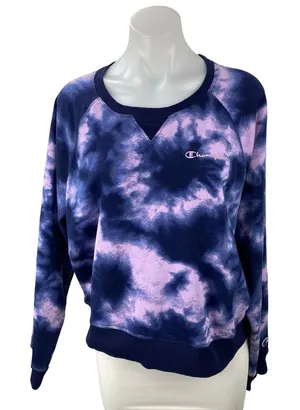 Champion Women's Purple Tie Dye Long Sleeve Knit Round Neck Sweatshirt Top Sz XL thumbnail 1