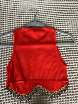 Red Beaded Fringe Crop Top thumbnail 3