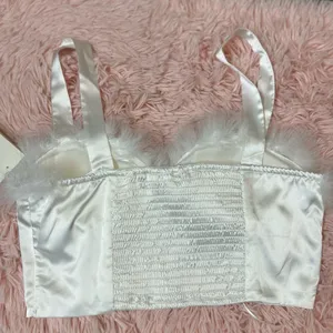 Meraki White Satin Feather Trim Crop Top Size S Bustier Corset Style Adjustable thumbnail 2