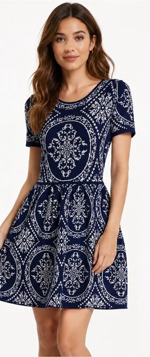 Romeo & Juliet Couture Damask Knit‎ Skater Sweater Dress Navy Blue White XS thumbnail 1