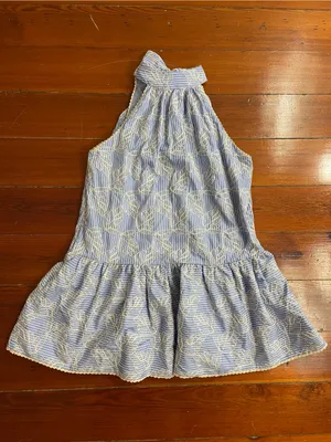 English Factory Blue Striped Embroidered Halter Ruffle Mini Dress Sz XS 🧡🎀 thumbnail 10
