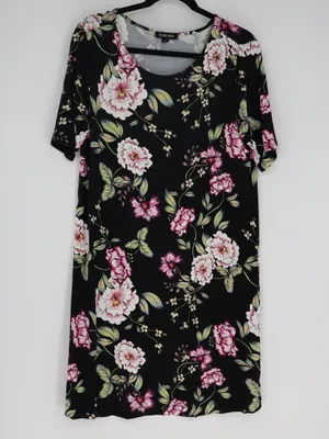Yumi Kim Floral Dress XL Black Pink Multicolor Short Sleeve Stretch Mini Stretch thumbnail 2