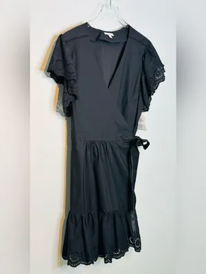 Maette Black Eyelet Cotton Poplin Wrap Mini Dress NWT thumbnail 5