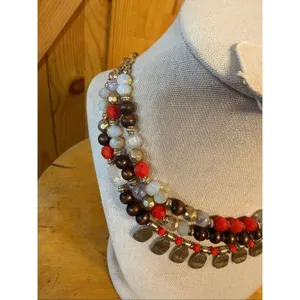 Three Layered Strand Red Brown Gold White Beaded Necklace 18" Gold Toned Chain ( thumbnail 2