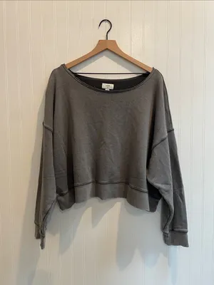 AERIE Boxy Cropped Relaxed Off-Shoulder Sweatshirt Mineral Dye Graphite Size M thumbnail 2