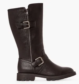 JUSTFAB Breyona Buckled Flat Boot Size 8 Product Description New! Padded insole for extra comfort Material: Faux Leather Heel Height: 1.25" Shaft Height (based on size 8): 10.7" Measurements will vary slightly Imported thumbnail 4