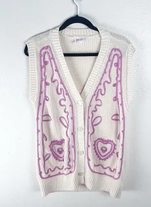 SHOP THE CHIC GIRL Cream Pink Embroidery Button V-Neck Cardigan Medium Preppy thumbnail 1