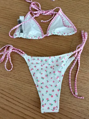 White Floral String Bikini with Pink Rose Print thumbnail 2