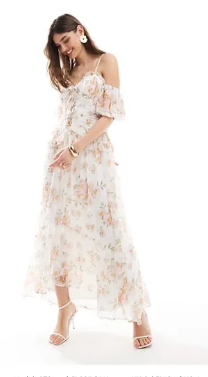 ASOS DESIGN lattice bodice bardot sleeve frill midi dress in floral print thumbnail 3
