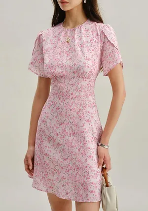 Rihoas Pink Floral Round Neck Pleated Mini Dress thumbnail 1