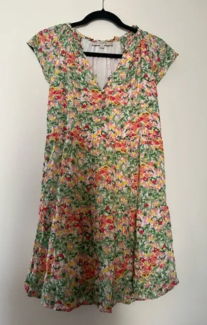 Loft Floral Spring Mini Dress XS Green Yellow Flowy Feminine Romantic Picnic thumbnail 1