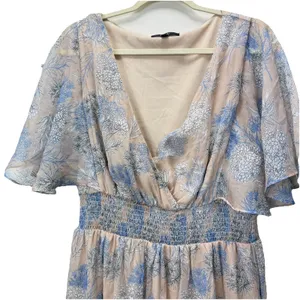 Lulus Subtle Romance‎ Beige Blue Floral Ruffle Flutter Sleeve Midi Dress Size XL thumbnail 7