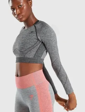 Gymshark Hyper Amplify Long Sleeve Crop Top Grey Black Women’s Medium thumbnail 1