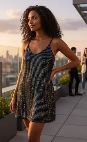 Candie's XL Black and Gold Sequin Striped V-Neck Slip Dress thumbnail 1