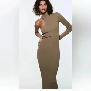Zara Mink Brown Bandage Knit Asymmetrical Bodycon Midi Dress One Shoulder SMALL thumbnail 2