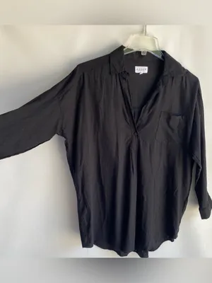 Risen black linen long length collared tunic top shirt blouse cover up coastal S thumbnail 2