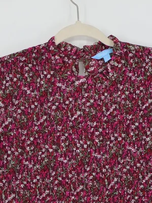Draper James RSVP Smocked Floral Dress L Burgundy Metallic Long Sleeve Cottageco thumbnail 4