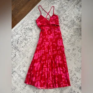 Lulus Vibrant Moment Red and Pink Floral Pleated Lace-Up Midi Dress Size XS NWT thumbnail 5