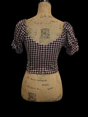 Haute Monde Pink and Black Gingham Sweetheart Neck Crop Top thumbnail 2