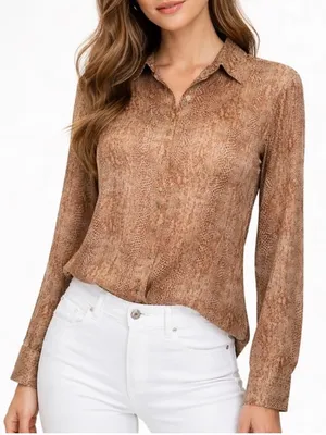 NEW a new day Animal print satin blouse top SMALL brown tan long sleeves buttons thumbnail 1