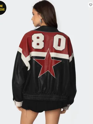 Edikted North Star Faux Leather Jacket Black Red Racing Biker Bomber M New thumbnail 2