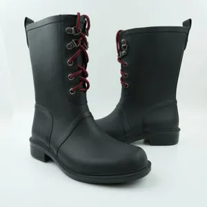 Merona Rain Boots Womens 6 Black Rubber Waterproof Lace Up Red‎ Laces Utility thumbnail 2
