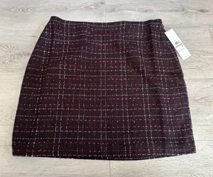 Calvin Klein Womens Tweed Plaid‎ Mini Skirt Black Pink White Size 12 Large NWT thumbnail 1