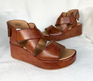 b.o.c. Women's Brown Leather Wedge Sandals - Comfortable Strappy Platform 7 thumbnail 1
