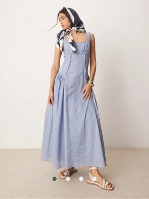 Square Neck Basque Waist Prarie Powder Blue Sleeveless Maxi sun Dress thumbnail 2