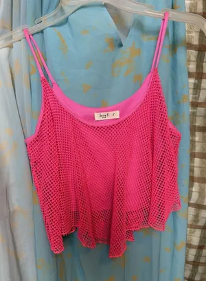 VTG Y2K Hot Pink Spaghetti Strap Net With Built In Undershirt Crop Top Sz S thumbnail 1