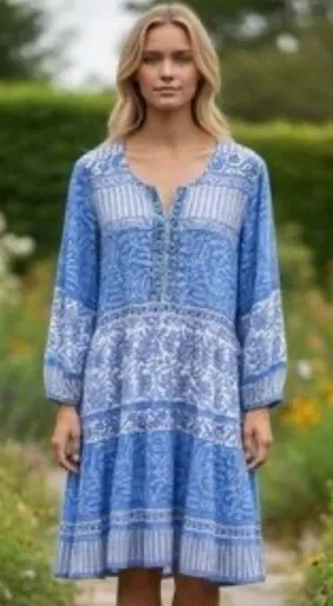 Bella Tu Size M Dress Blue White Print Boho Silver Embroidered Floral Peasant thumbnail 1