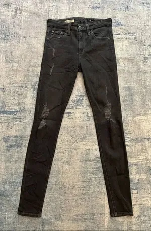 AG Adriano Goldschmied Distressed Black The Farrah Skinny High Rise Jeans 26R thumbnail 1