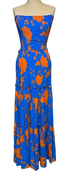 Abel The Label XS Maxi Dress Blue Orange Floral Smocked Strapless‎ Wedding Guest thumbnail 1