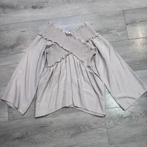 Flawless Women Smocked Off Shoulder Bell Sleeve Top Taupe Mauve Small S thumbnail 2
