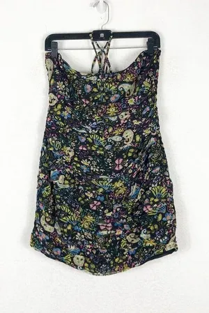 ZARA Floral Mini Dress Large Ruched Bodycon Halter Sweetheart Paisley Print thumbnail 3